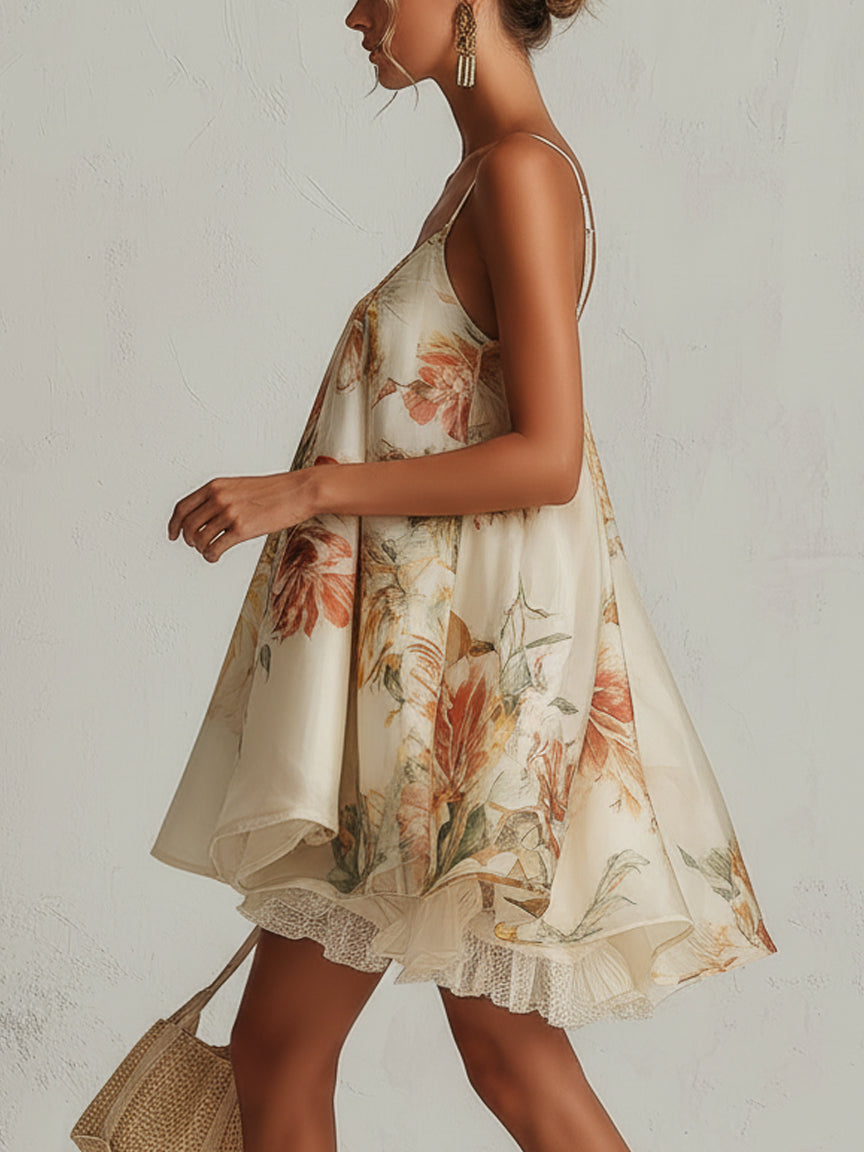 Tamara - Short A-line dress in beige organza with floral pattern and lace trim