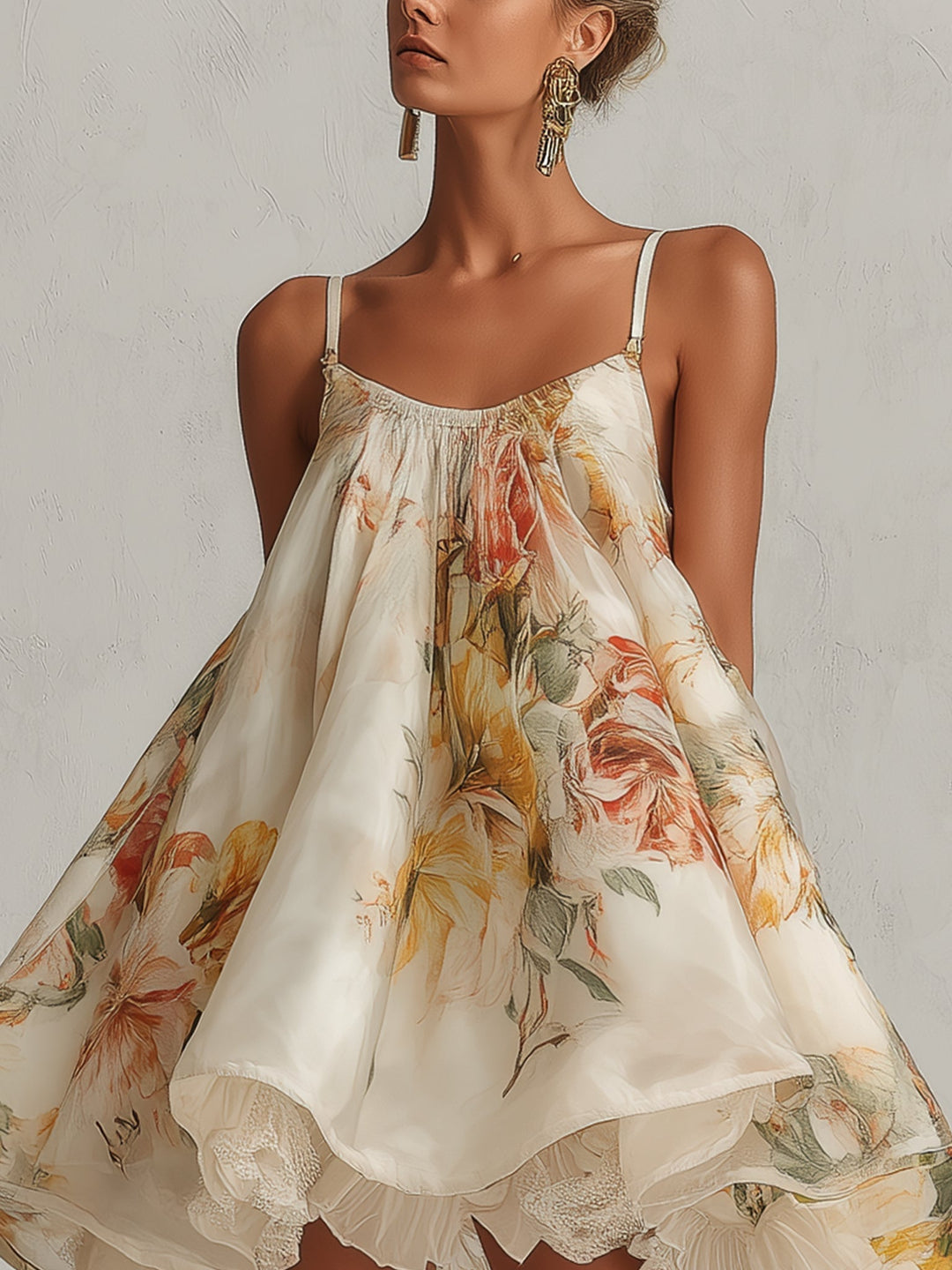 Tamara - Short A-line dress in beige organza with floral pattern and lace trim
