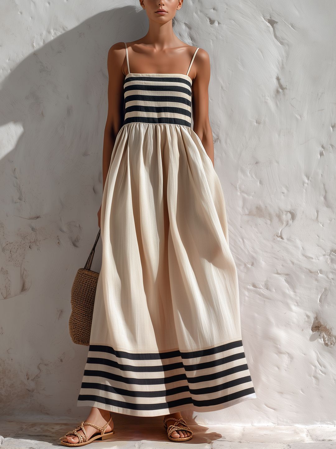 Lola - Vestido maxi de rayas negras y beige con tirantes finos