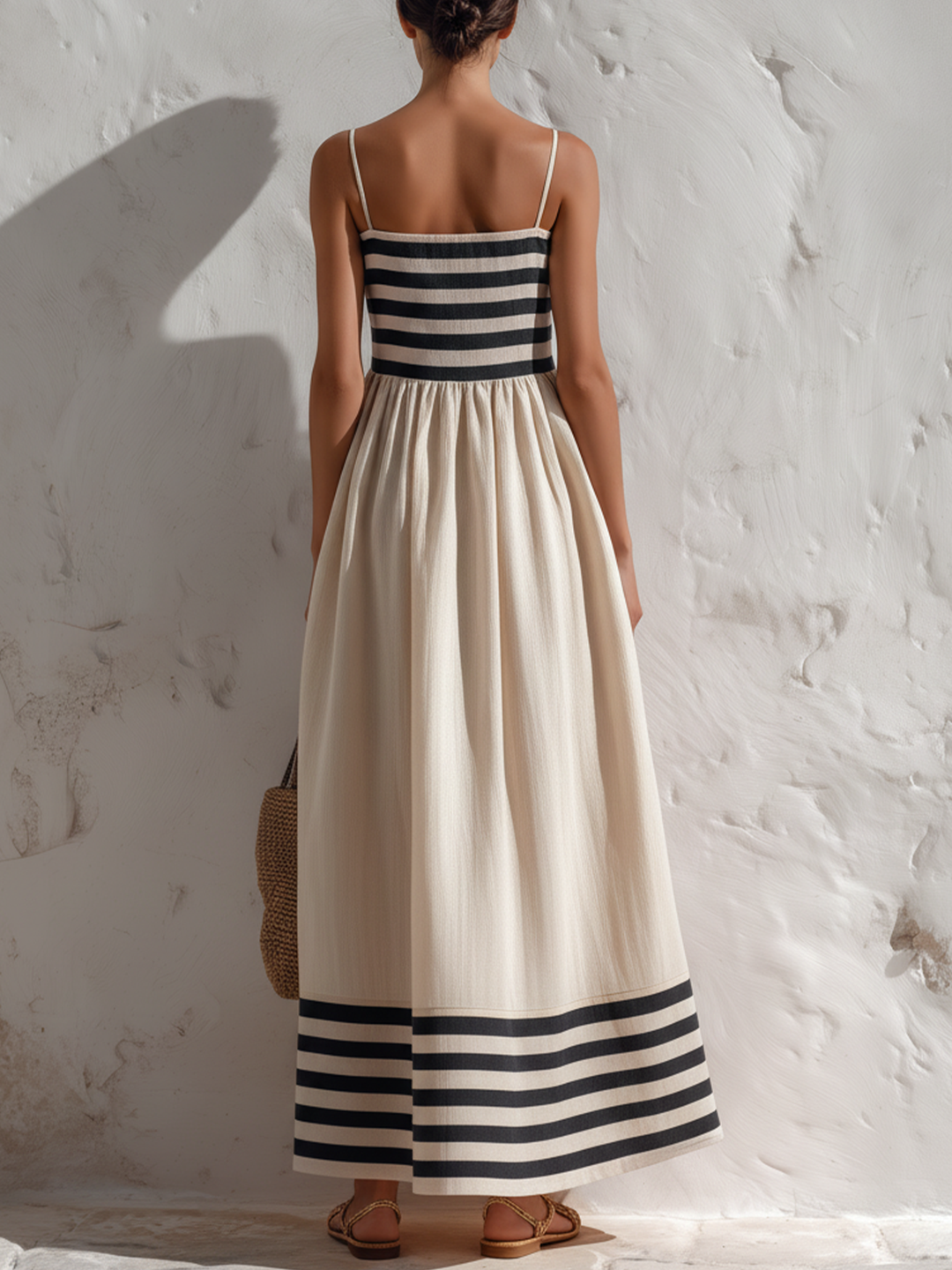 Lola - Vestido maxi de rayas negras y beige con tirantes finos