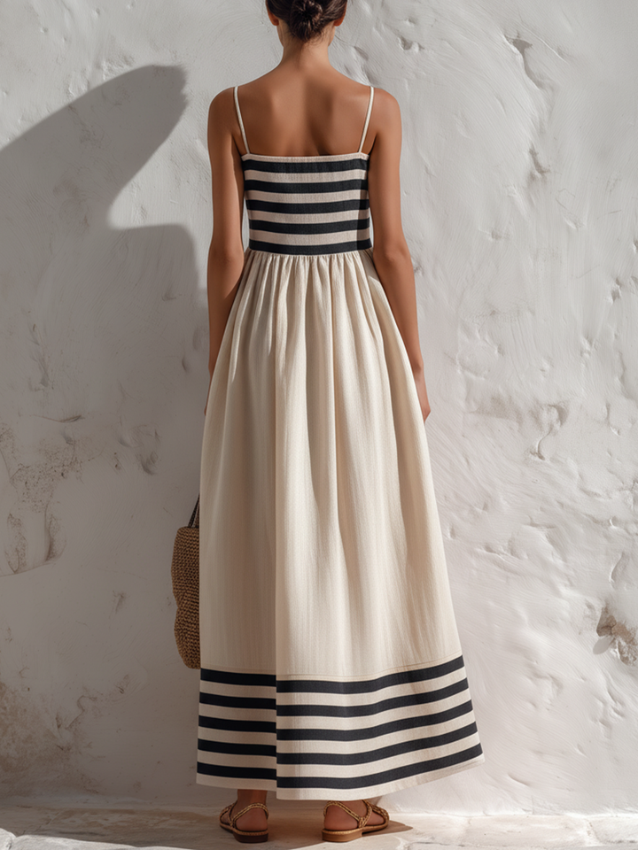 Lola - Vestido maxi de rayas negras y beige con tirantes finos