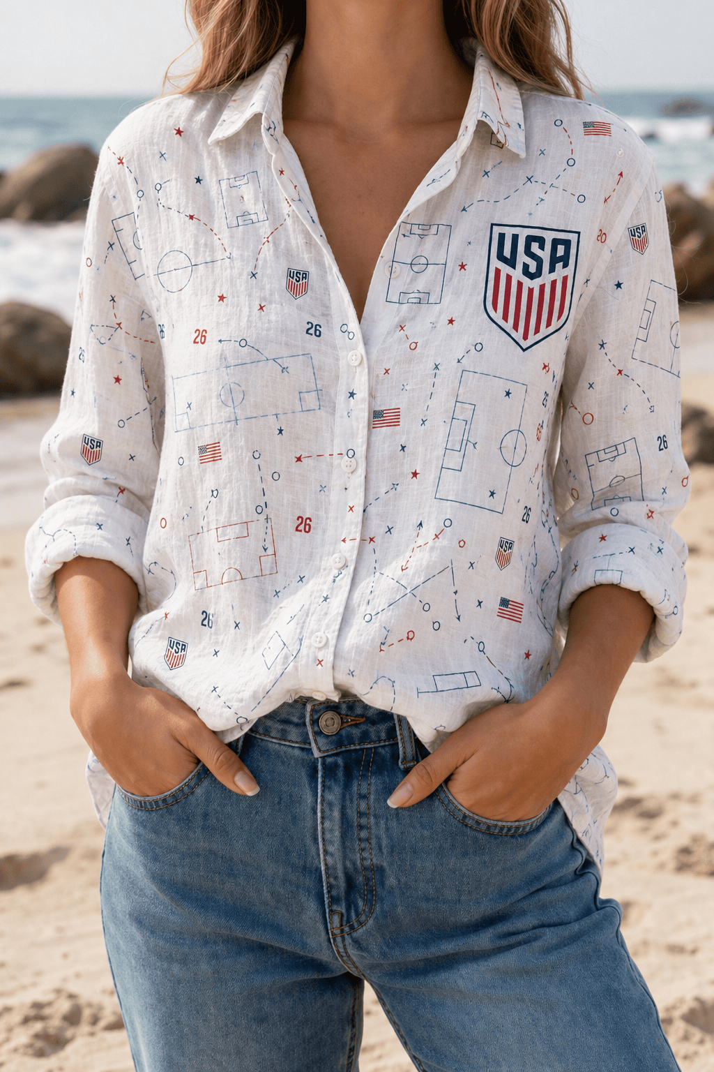 USA Soccer Team Soccer Pattern Women Linen Shirt - Backyournation - Proud Nation Gear