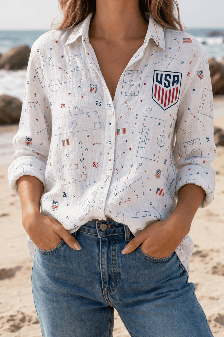 USA Soccer Team Soccer Pattern Women Linen Shirt - Backyournation - Proud Nation Gear