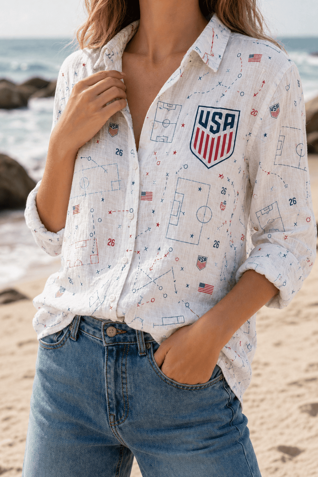 USA Soccer Team Soccer Pattern Women Linen Shirt - Backyournation - Proud Nation Gear