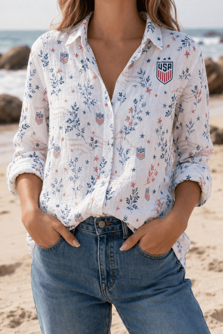 USA Soccer Team Floral Women Linen Shirt - Backyournation - Proud Nation Gear