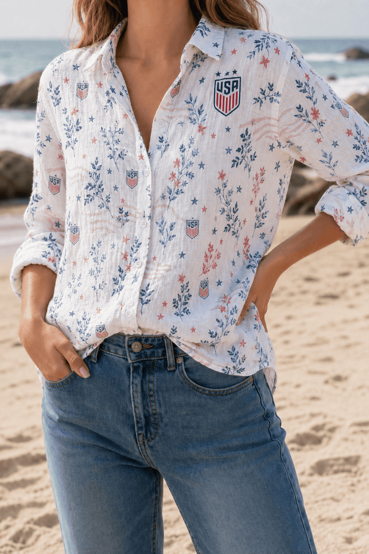 USA Soccer Team Floral Women Linen Shirt - Backyournation - Proud Nation Gear