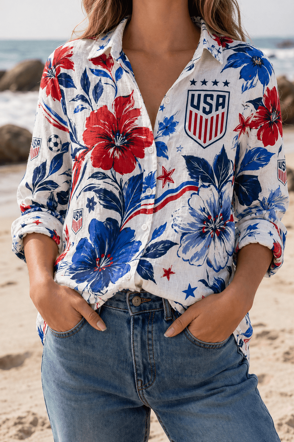 USA Soccer Team Bold Patriot Floral Women Linen Shirt - Backyournation - Proud Nation Gear