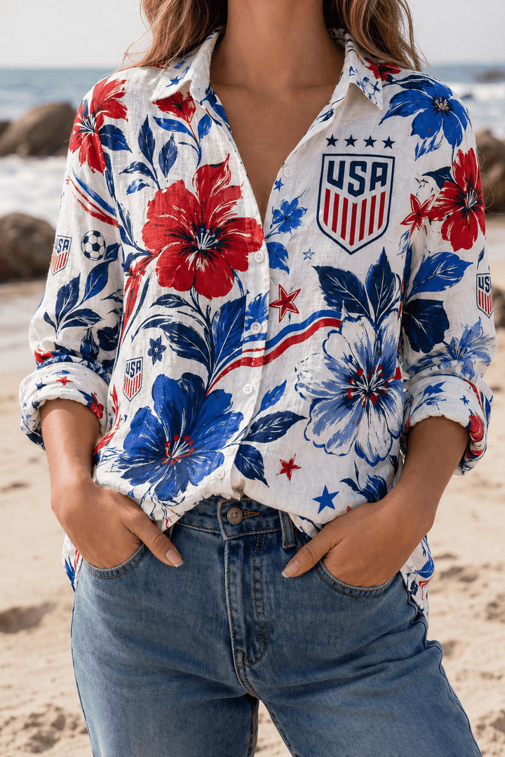 USA Soccer Team Bold Patriot Floral Women Linen Shirt - Backyournation - Proud Nation Gear