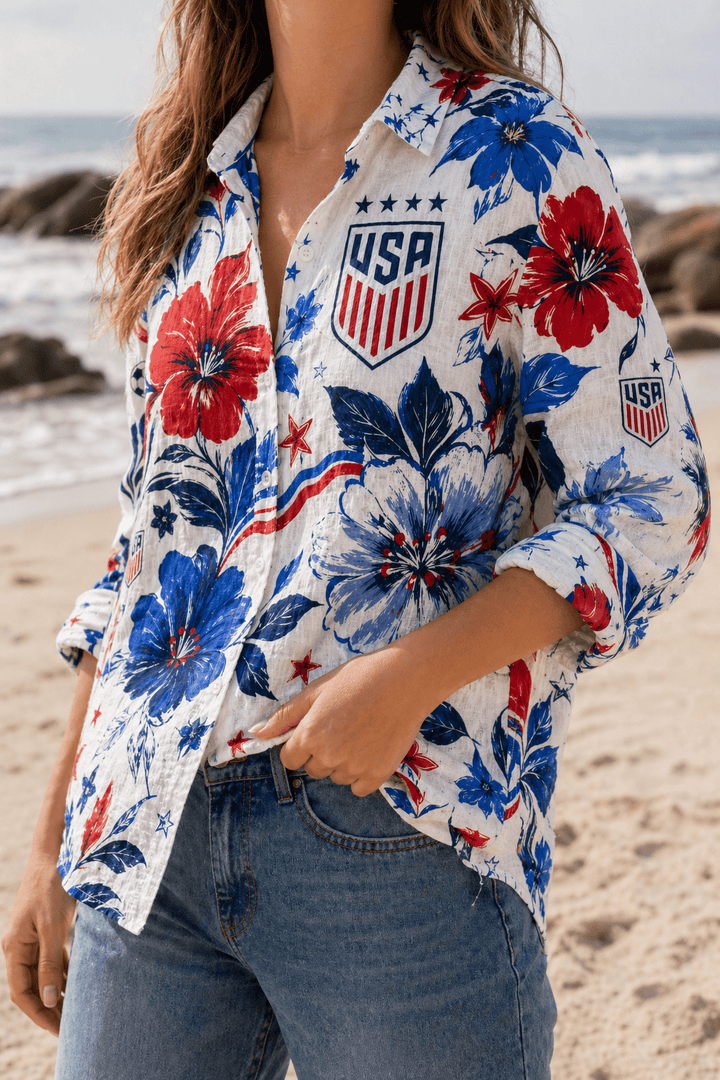 USA Soccer Team Bold Patriot Floral Women Linen Shirt - Backyournation - Proud Nation Gear