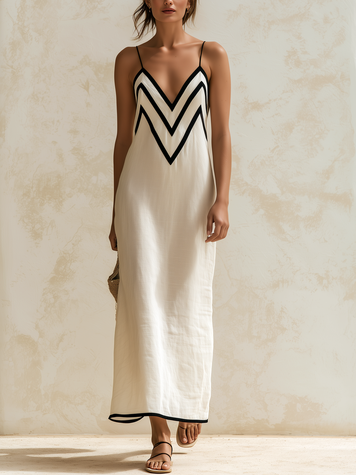 Monica - Vestido largo de lino estilo slip con bordes en contraste con motivo chevron