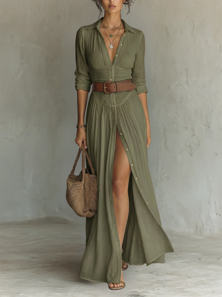 OLIVIA | Women’s Long Maxi Dress with Notched Lapel Collar and Long Sleeves in Linen