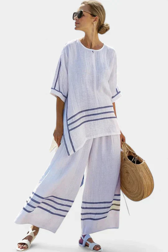 Ashley - Striped Blouse Wide Pants Set