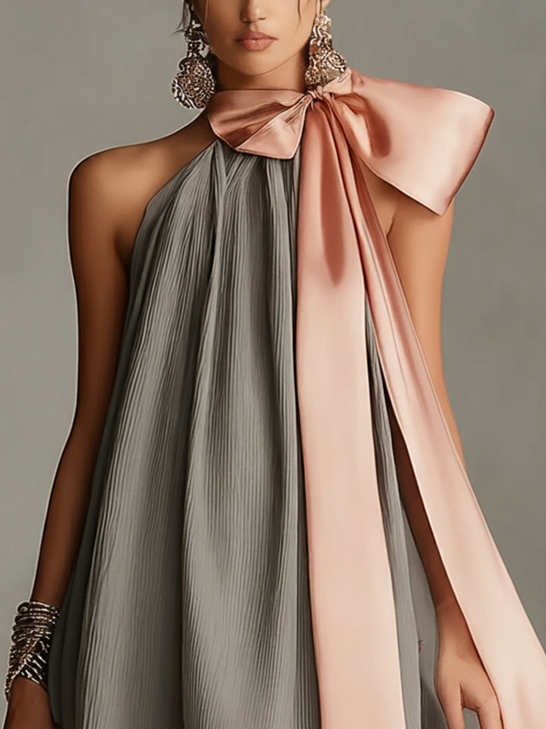 Natalia - Gray satin mini dress with halter neck, bow, and lace trim