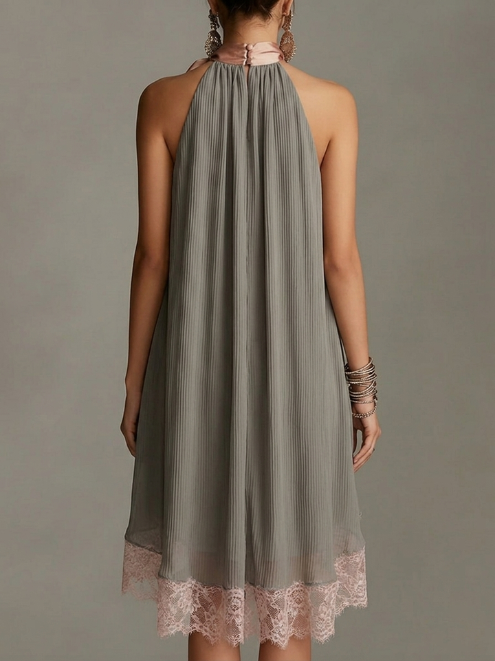 Natalia - Gray satin mini dress with halter neck, bow, and lace trim