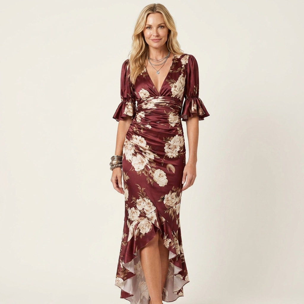 Anastasia | Satin Floral Maxi Dress With Ruched Waist