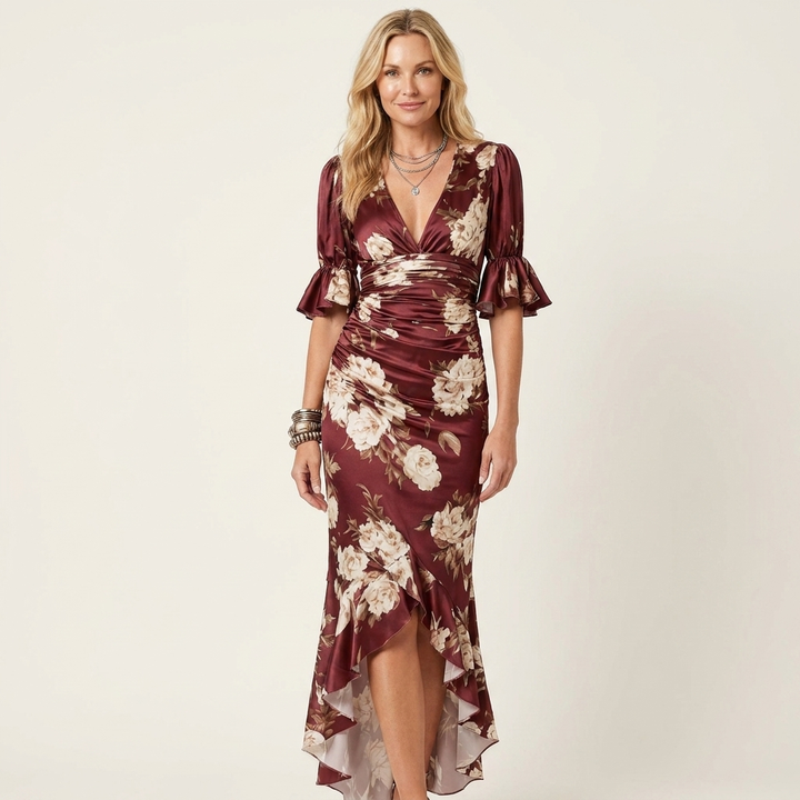 Anastasia | Satin Floral Maxi Dress With Ruched Waist