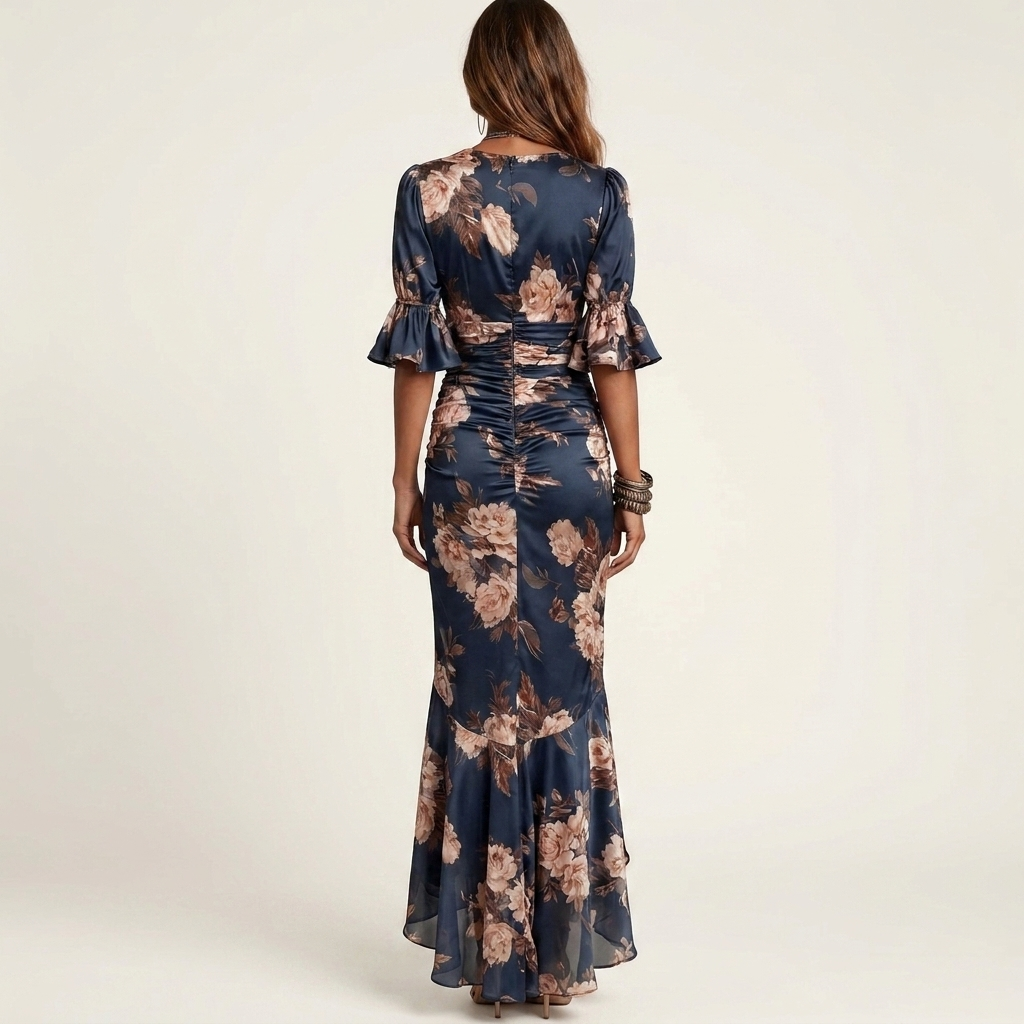 Anastasia | Satin Floral Maxi Dress With Ruched Waist