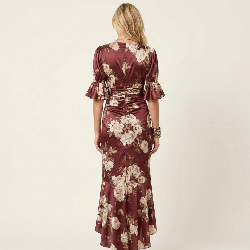 Anastasia | Satin Floral Maxi Dress With Ruched Waist