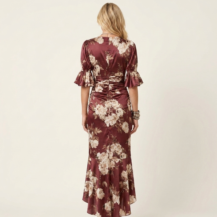 Anastasia | Satin Floral Maxi Dress With Ruched Waist