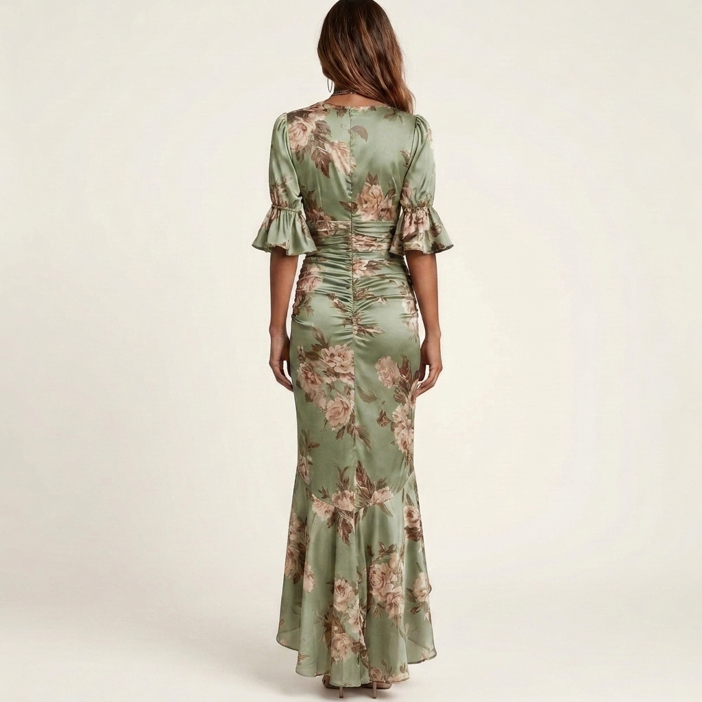 Anastasia | Satin Floral Maxi Dress With Ruched Waist