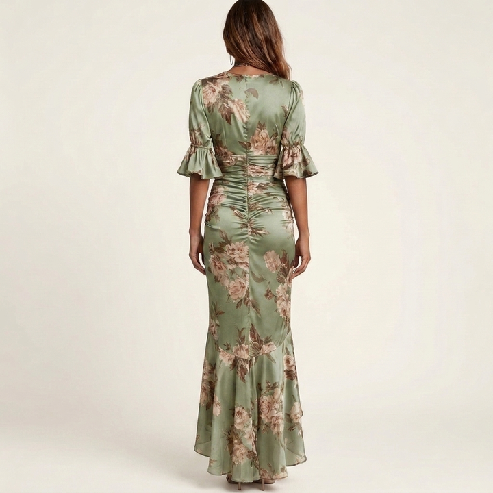 Anastasia | Satin Floral Maxi Dress With Ruched Waist