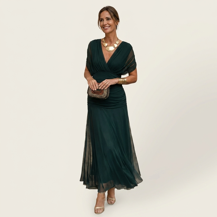 Ayla | Draped V-Neck Flutter Sleeve Chiffon Midi Dress