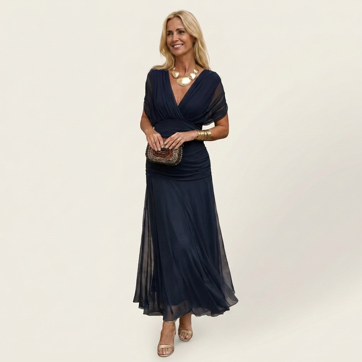 Ayla | Draped V-Neck Flutter Sleeve Chiffon Midi Dress