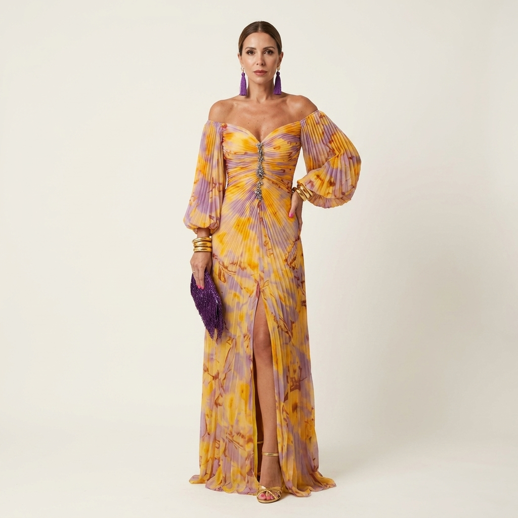 Lynn | Off-Shoulder Balloon-Sleeve Ruched Pleated Maxi Dress