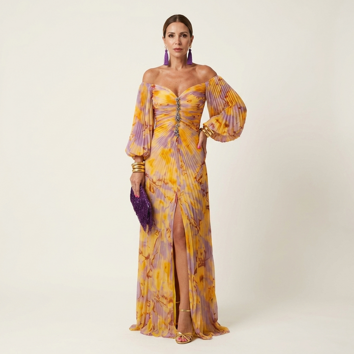Lynn | Off-Shoulder Balloon-Sleeve Ruched Pleated Maxi Dress