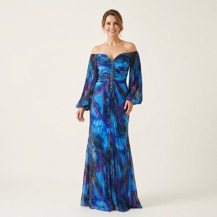 Lynn | Off-Shoulder Balloon-Sleeve Ruched Pleated Maxi Dress