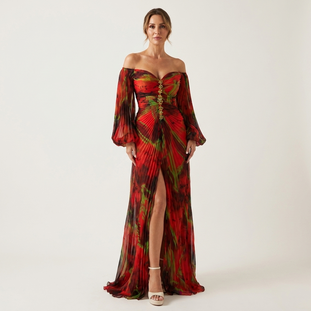 Lynn | Off-Shoulder Balloon-Sleeve Ruched Pleated Maxi Dress