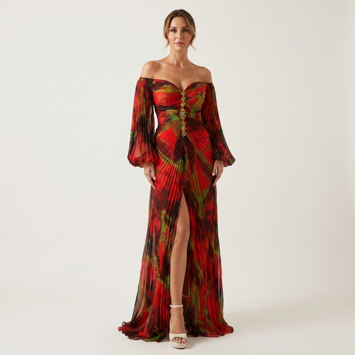 Lynn | Off-Shoulder Balloon-Sleeve Ruched Pleated Maxi Dress