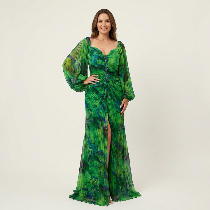 Lynn | Off-Shoulder Balloon-Sleeve Ruched Pleated Maxi Dress