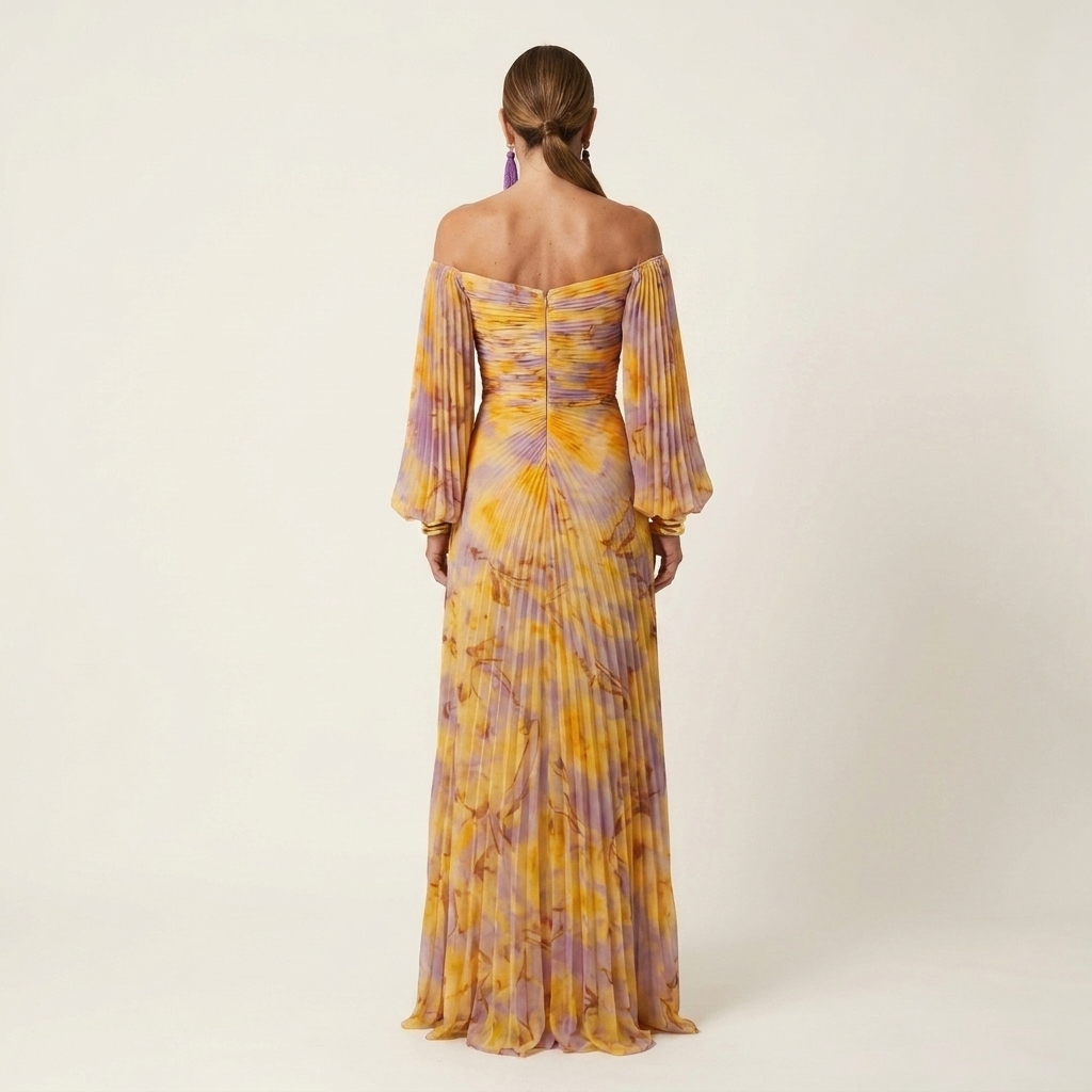 Lynn | Off-Shoulder Balloon-Sleeve Ruched Pleated Maxi Dress