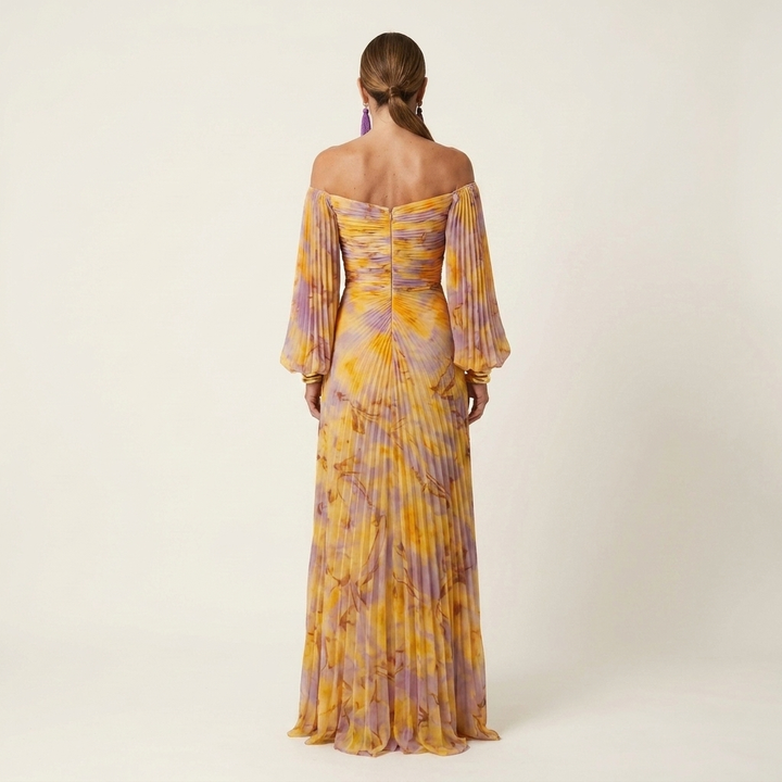 Lynn | Off-Shoulder Balloon-Sleeve Ruched Pleated Maxi Dress