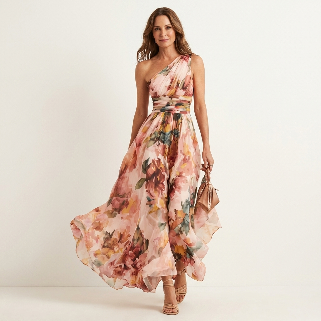 Imelda | Watercolor Floral One-Shoulder Draped Chiffon Maxi Dress