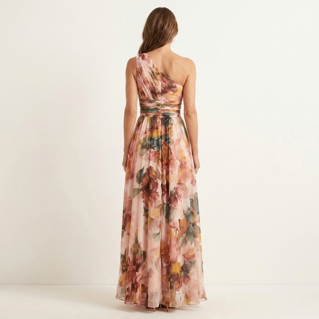 Imelda | Watercolor Floral One-Shoulder Draped Chiffon Maxi Dress