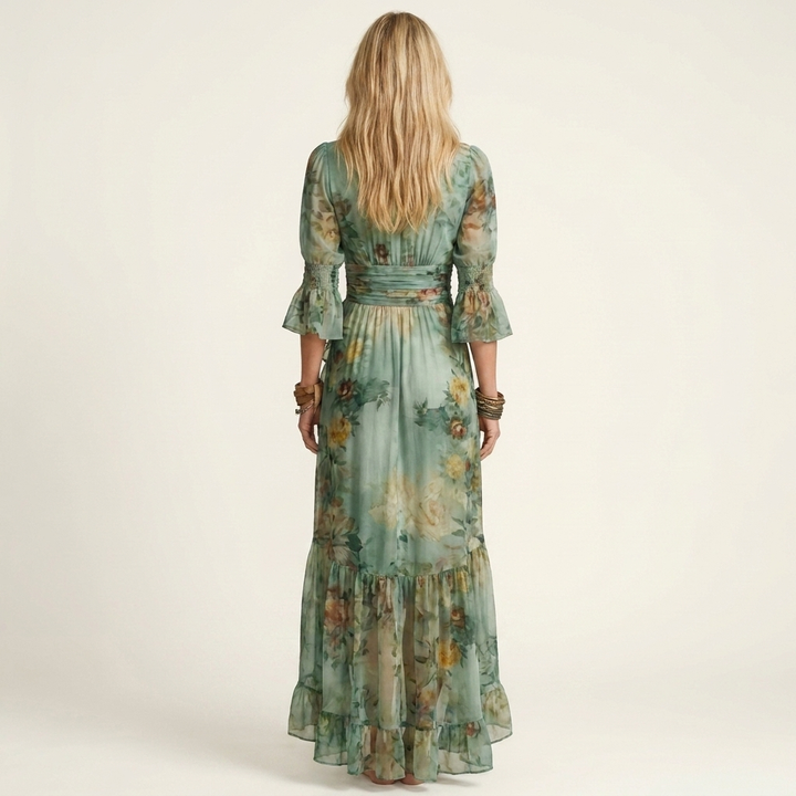 Megan | Deep V-Neck Ruched-Waist Maxi Dress