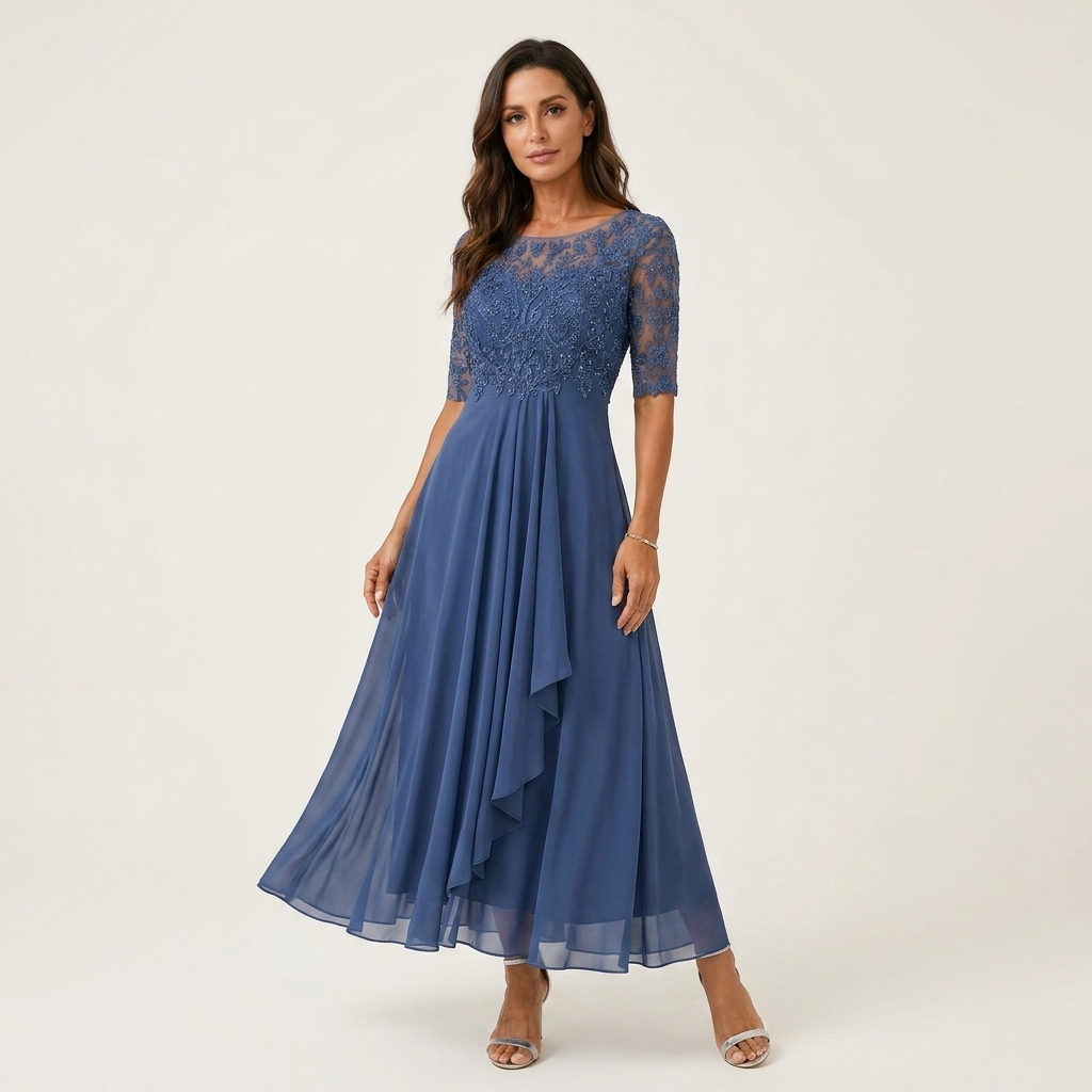 Youma | Lace-Bodice Chiffon Maxi Dress with Half Sleeves