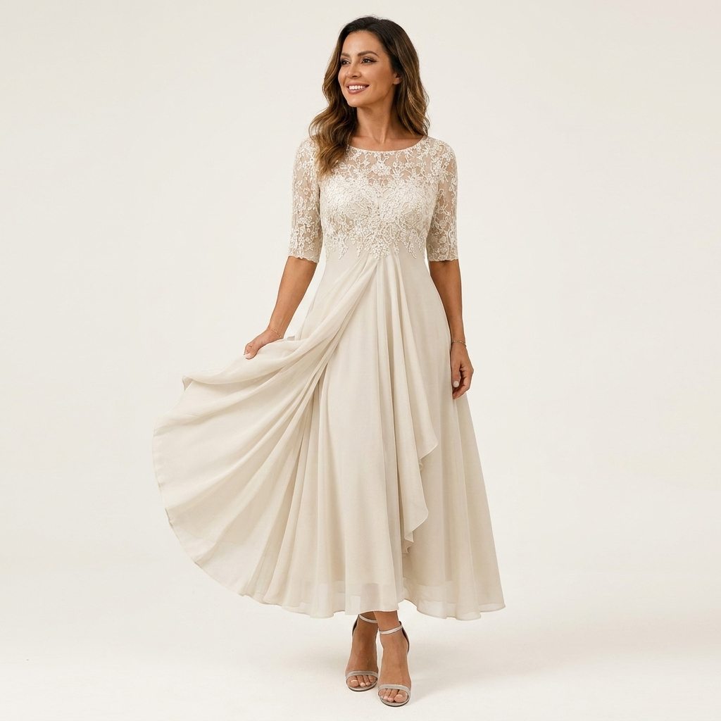 Youma | Lace-Bodice Chiffon Maxi Dress with Half Sleeves