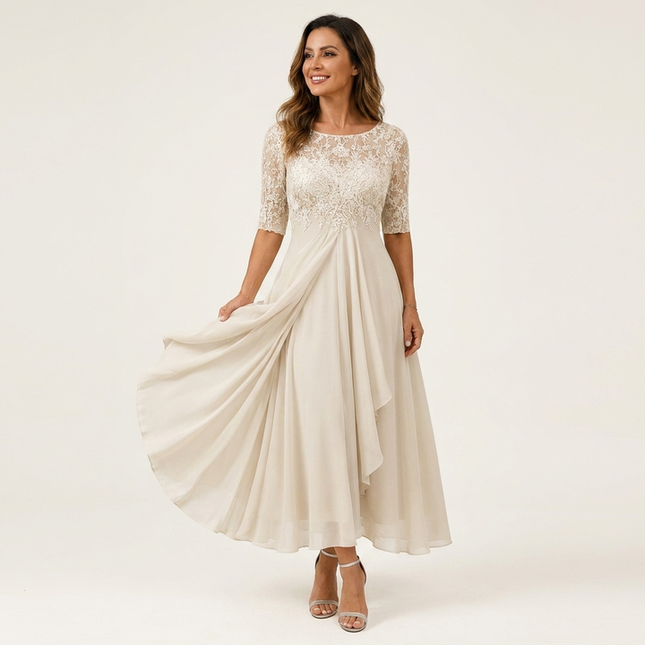 Youma | Lace-Bodice Chiffon Maxi Dress with Half Sleeves