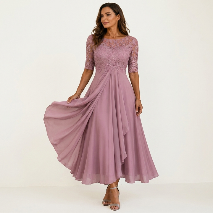 Youma | Lace-Bodice Chiffon Maxi Dress with Half Sleeves