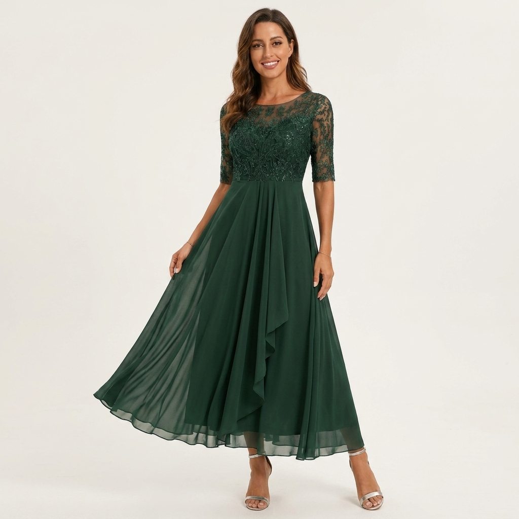Youma | Lace-Bodice Chiffon Maxi Dress with Half Sleeves