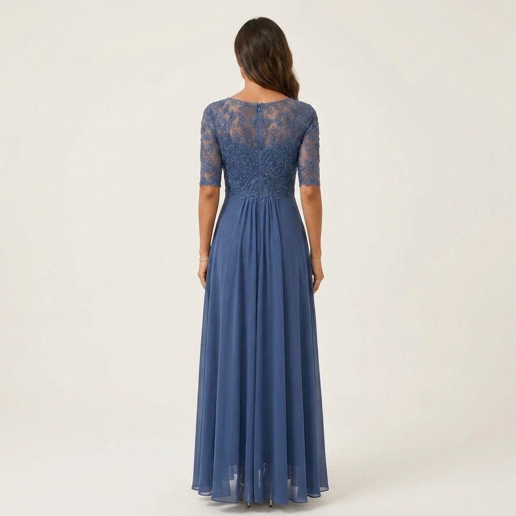 Youma | Lace-Bodice Chiffon Maxi Dress with Half Sleeves