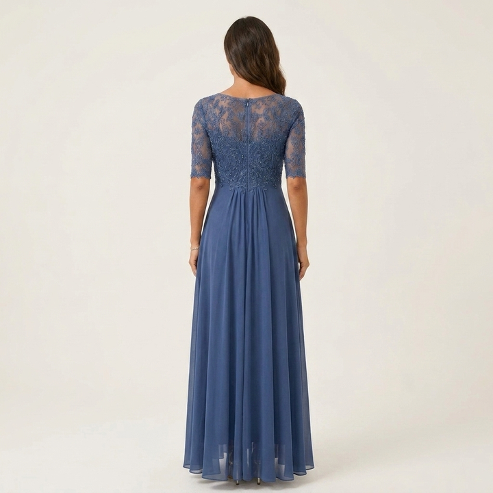 Youma | Lace-Bodice Chiffon Maxi Dress with Half Sleeves