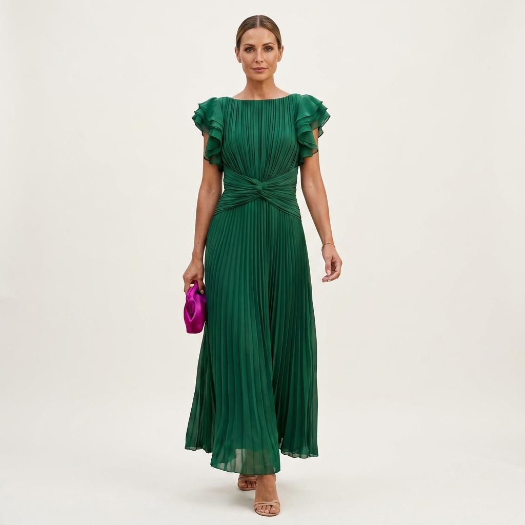 Dalia | Pleated Twist-Waist Flutter-Sleeve Midi Dress