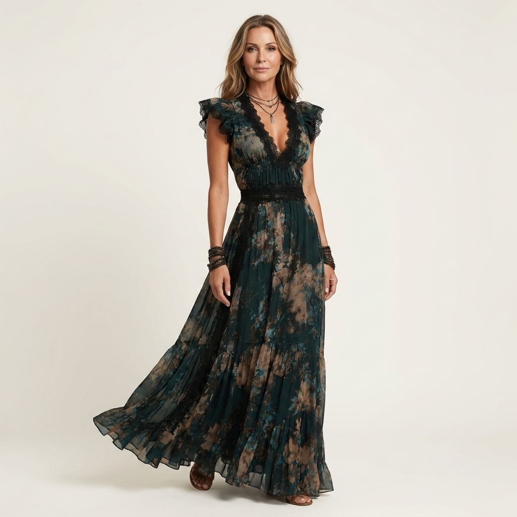 Carli | Lace-Trim V-Neck Floral Tiered Maxi Dress