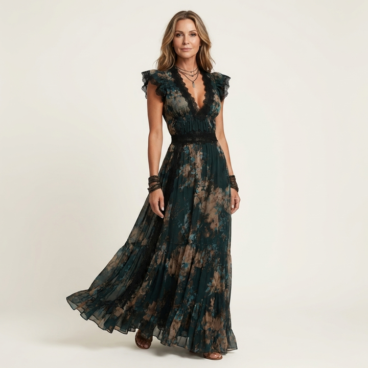 Carli | Lace-Trim V-Neck Floral Tiered Maxi Dress