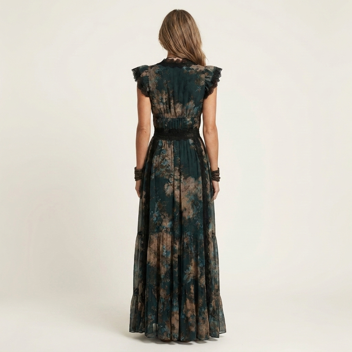 Carli | Lace-Trim V-Neck Floral Tiered Maxi Dress