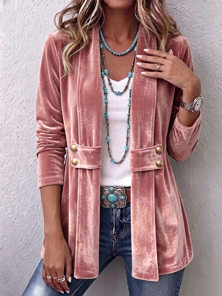Holliwell™ | Vintage Lapel Button-Accent Long Sleeve Open Front Jacket